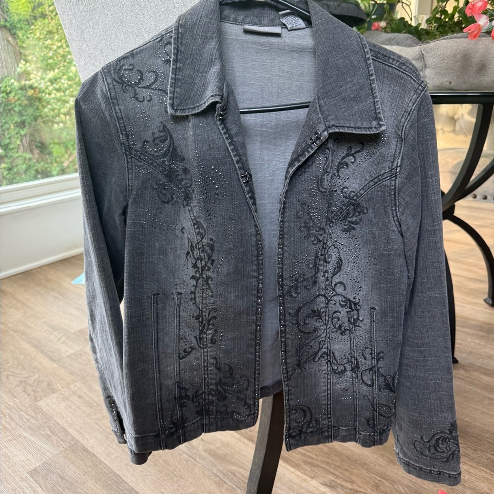 Chico's Black Floral Embroidered Jean Jacket